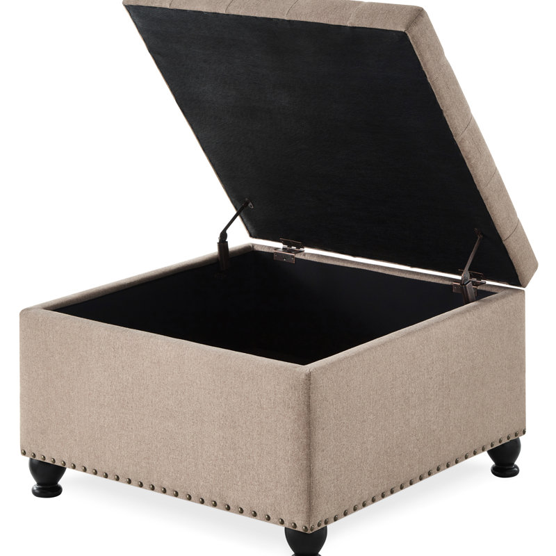 Large Square With Soft Fabric And Wood Legs For Home Linen Upholstered Internal Compartment Style, Linen