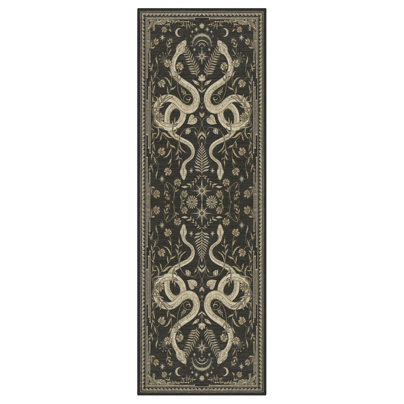 Whimsigoth Dark Gothic Mystic Snake Moon Star Vintage Machine Washable Non Slip Stain Resistant Beige Black Area Rug
