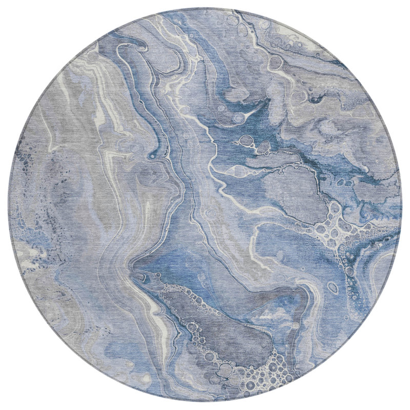 Tapis extérieur rond lavable abstrait bleu et ivoire 8 pi Denim