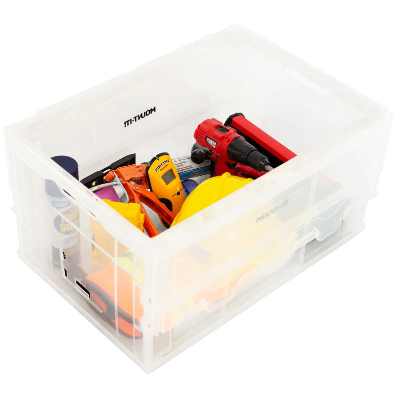 Mount-It! Folding Plastic Storage Crate, Collapsible Utility Distribution Container With Attached Lid, 65L Litre Capacity, Clear (Set Of 3)