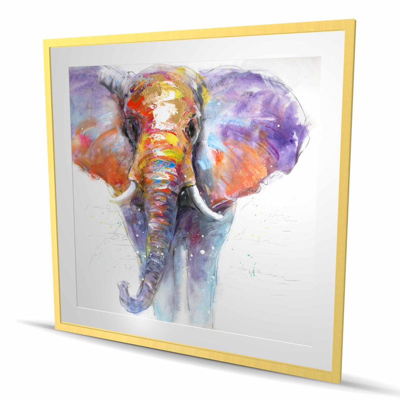 Éléphant marche coloré - mauve, reproduction encadrée, H 48 po x l 48 po, Doré