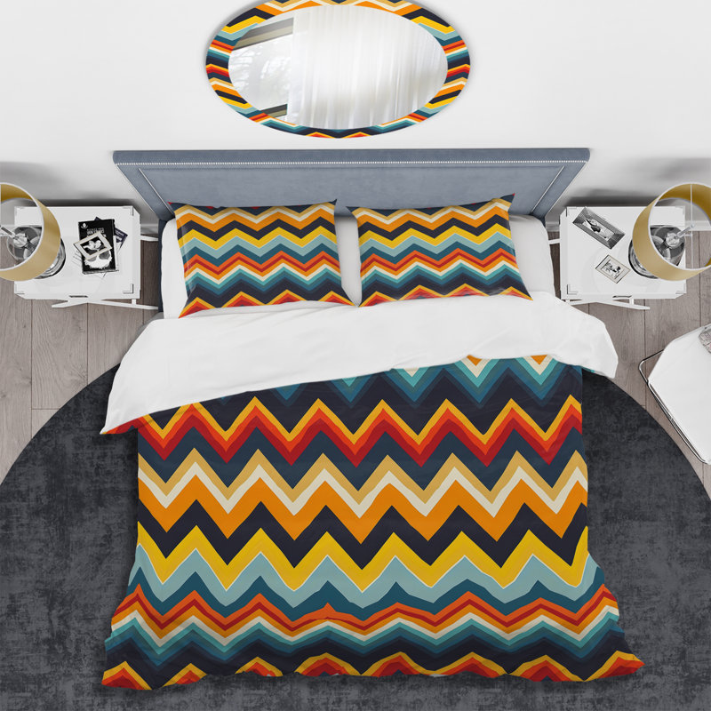 Ensemble de housse de couette à chevrons bleu et orange Harmony II, Housse de couette simple et deux taies décorative