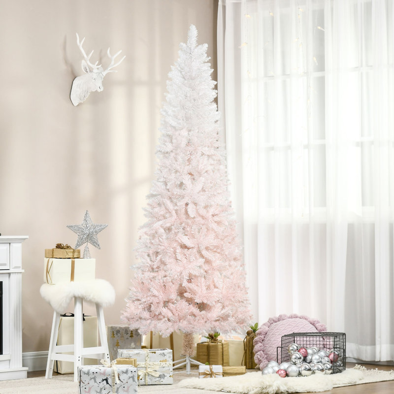 Arbre de Noël artificiel 7 pi, rose et blanc, branche réaliste apparaissant clairement, base en acier de 7 pieds de haut,