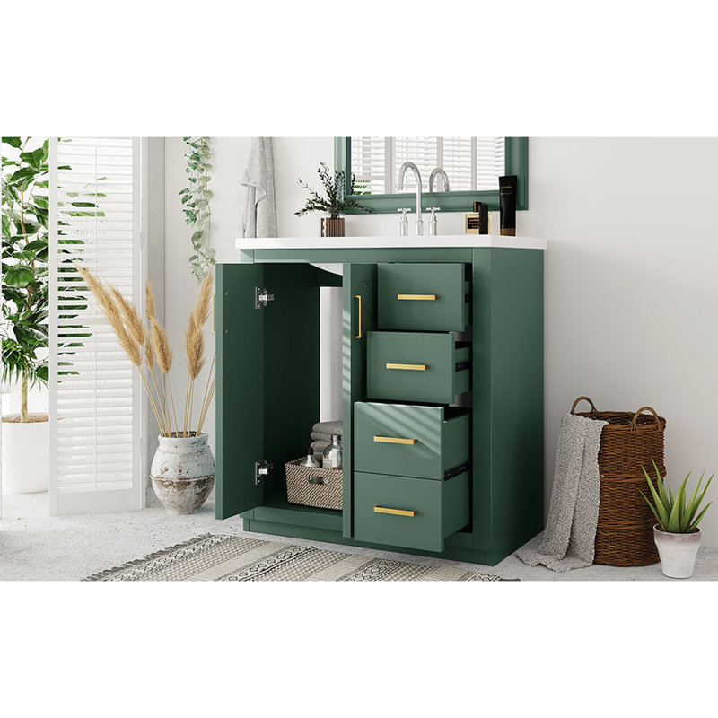 Meuble-lavabo de 30 po avec cadre, charnières, planches, grand espace de rangement, design rétro et poignées en métal exquises pour les articles de toilette