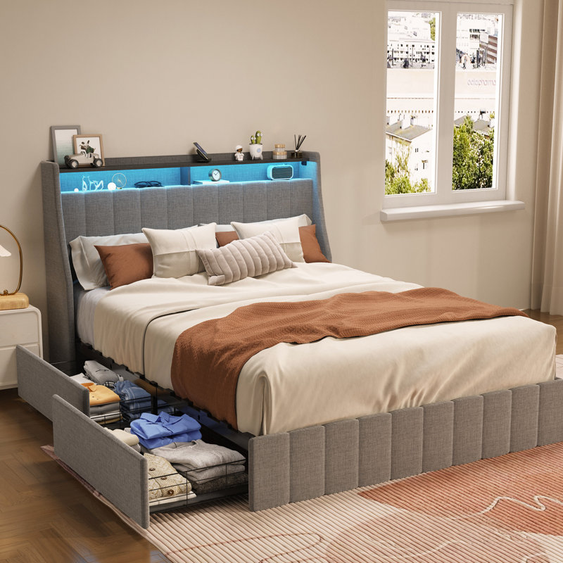 Grand lit avec tête de lit à oreilles et lumières à DEL, 4 tiroirs de rangement, éclairage de tiroirs gris