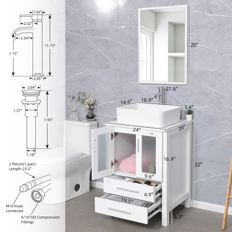 24" White MDF Bathroom Vanity with Ceramic Sink and Chrome Faucet