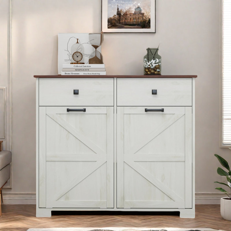Armoire poubelle double inclinable Farmhouse avec 2 tiroirs et poignées en métal