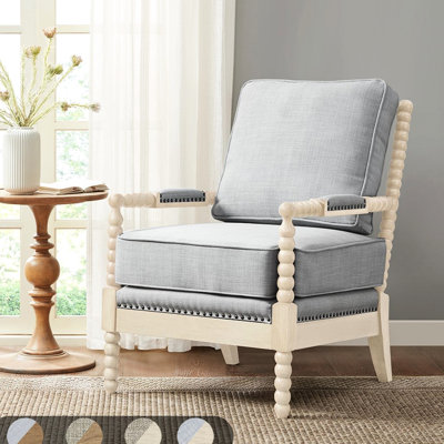 Fauteuil relaxant avec base en bois massif, gris, fauteuil luxueux en mousse haute avec structure en bois, niveleurs réglables