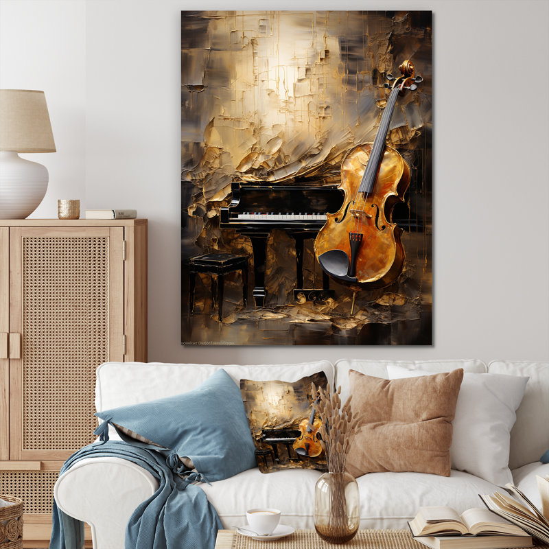 Rétro harmonie violon et piano - musique, art mural, Toile tendue, H 32 po x l 16 po x P 1 po