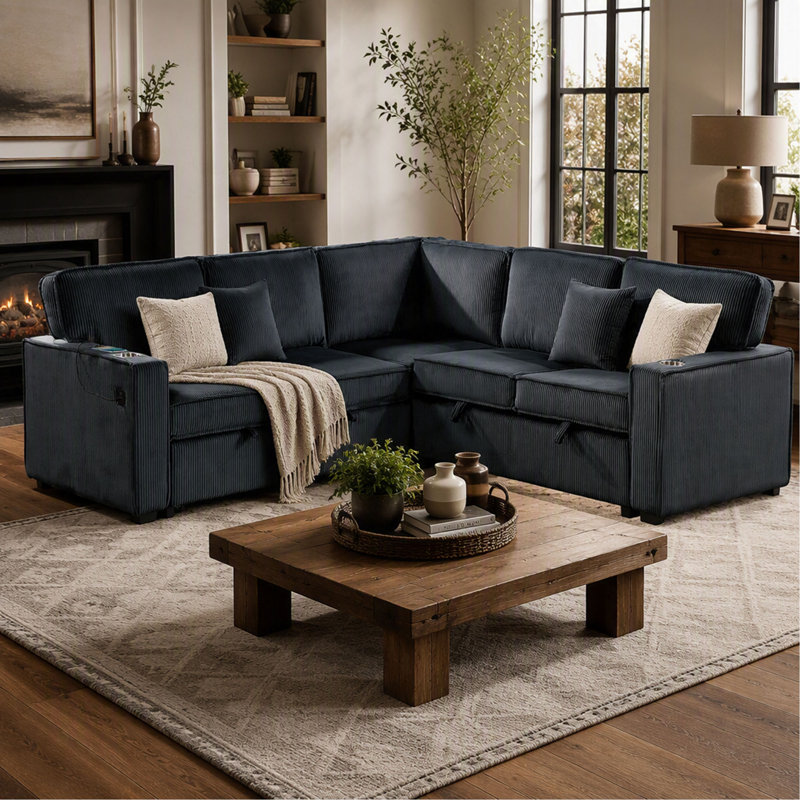 Ensemble de canapés d'angle convertibles 3 pièces avec revêtement rembourré pour salon contemporain, 56" W, Black Corduroy