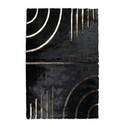 Gold Striped Black Geometric Fur Plush Rug 4 X 6 Ft