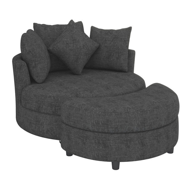Fauteuil demi-tonneau pivotant à 360 ° avec repose-pieds de rangement et 4 coussins, fauteuil de loisirs moderne en chenille