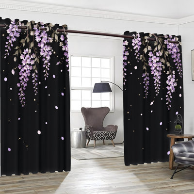 2PCS Grommet Top Delicate Cascading Wisteria Floral Printed Curtain Drapes, Thermal Insulated Sun Blocking Noise Reducing Blackout Room Darkening Curtains with Privacy Protection, Indoor Window Panels for Bedroom Living Room Dormitory Home Decor