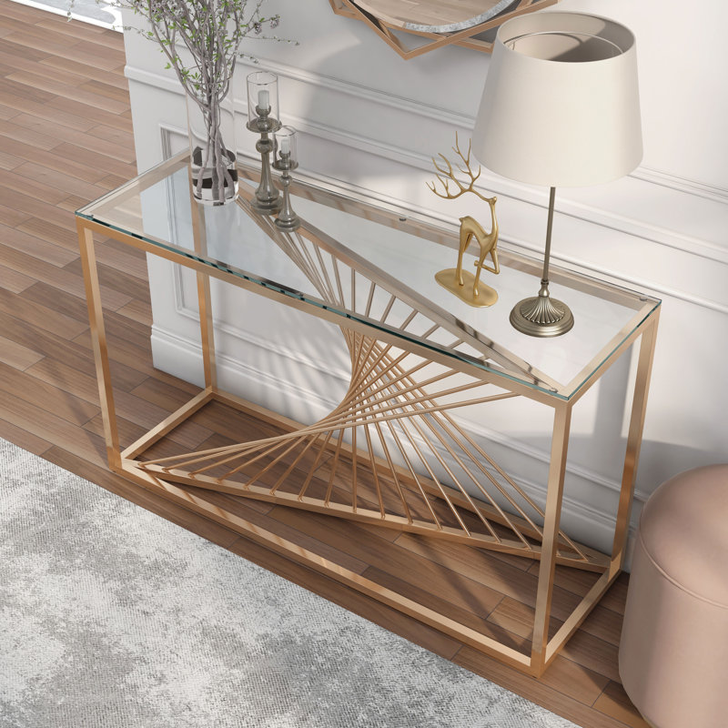 Kendra Glass Top Console Table, 28" H x 47" W x 15" D, Gold/Clear