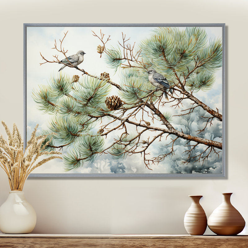 Oiseau sur pin I - Art mural pin, H 16 po x l 32 po x P 1 po, Encadrement argenté