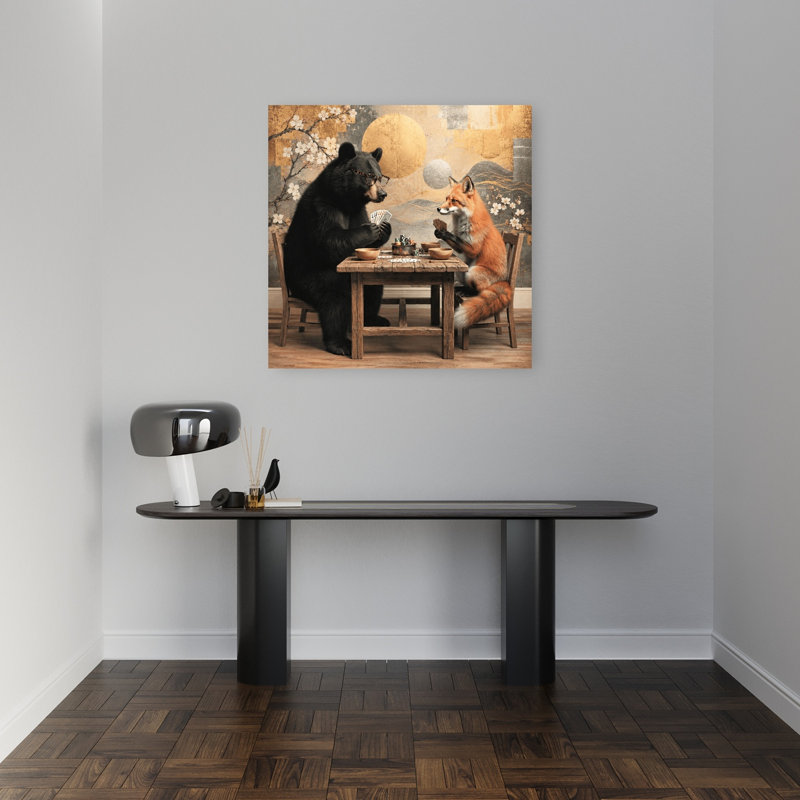 «Clever Bear Fox Game», reproduction d'art sereine fantaisiste, ours, cerise, renard, forêt, art mural, H 32 po x l 32 po