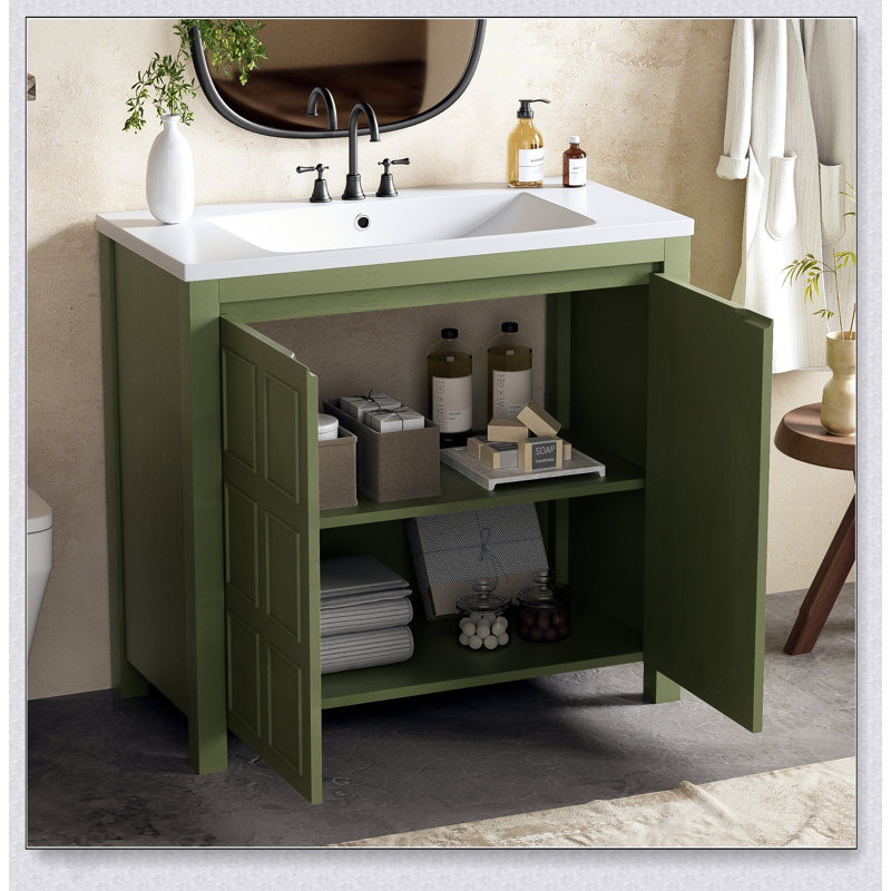 Organisateur de meuble-lavabo vert olive de 36 pouces avec lavabo, charme rustique et amplement de rangement pour les salles de bain modernes