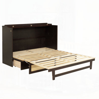 Grand lit escamotable, armoire-lit en bois de pin avec décoration en rotin et tiroir de rangement