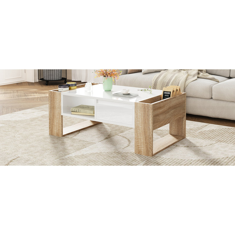 High Glossy Coffee Table with 2 Drawers, White/Natural