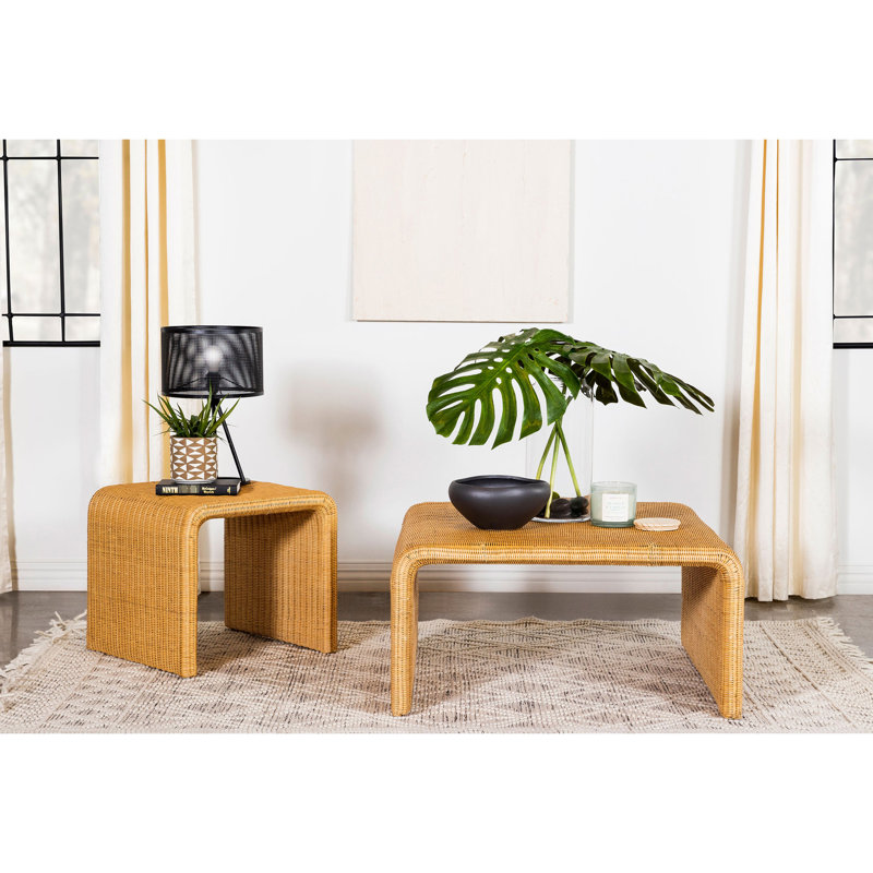 Table de bout carrée naturelle avec design, surface, bords élégants, rangement pour livres et structure métallique stable, esthétique côtière, cascade