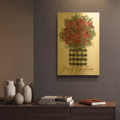 'Merry Christmas Poinsettia' By Cindy Jacobs Gold Metal Wall Art, 12" x 16"