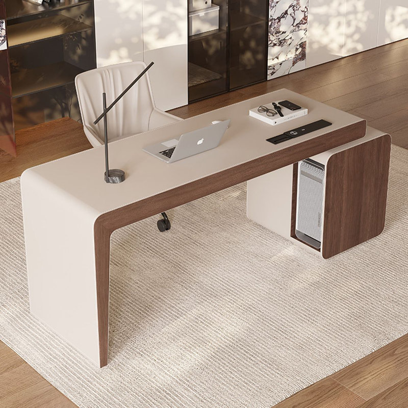 Bureau rectangulaire en bois manufacturé beige et brun noisette avec 6 tiroirs, Retour à gauche
