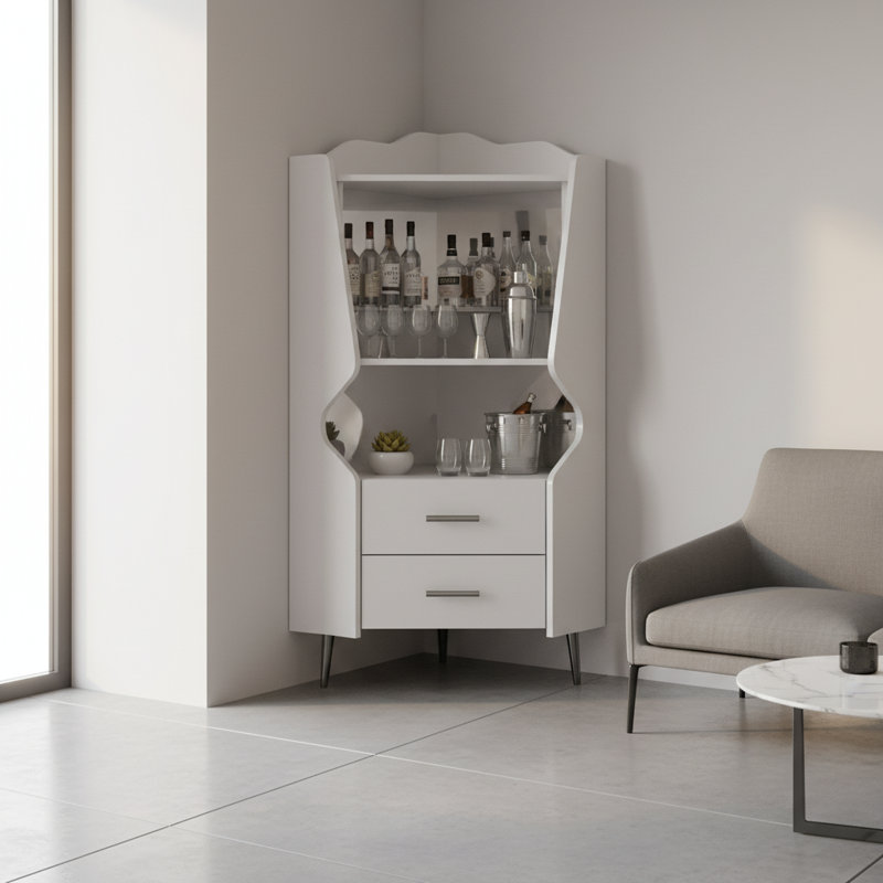 Armoire de coin blanche avec dossier en miroir, 2 tablettes ouvertes, 2 tiroirs et pieds surélevés pour un nettoyage facile - Armoire de rangement Buffet Elegant |  