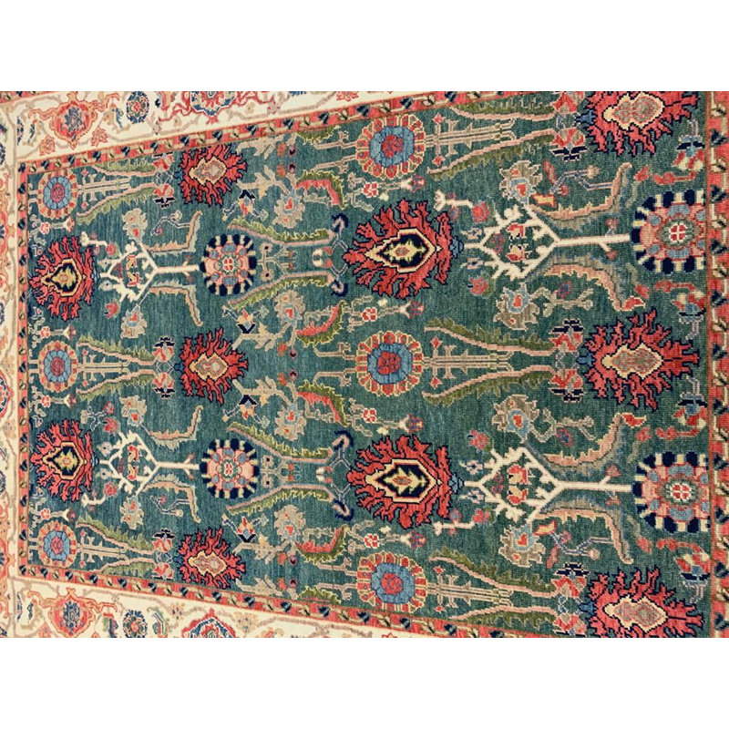 One-of-a-Kind Rectangle 5'3" X 7' Wool Area Rug in Green/Ivory/Red
