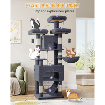 Cat Tree for Indoor Cats, 176cm Large Cat Tower, Multi-layer Scratching Post with 3 Platforms, 2 Caves, 7 Sisal Posts, Hammock, Pompoms, Heavy-Duty for Multi-Cat Homes