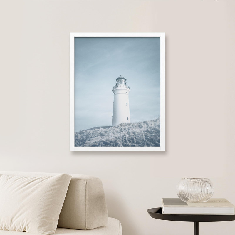 " Beach Hill Washed Out Duotone Pastel White Lighthouse ", White, 10" H x 8" W