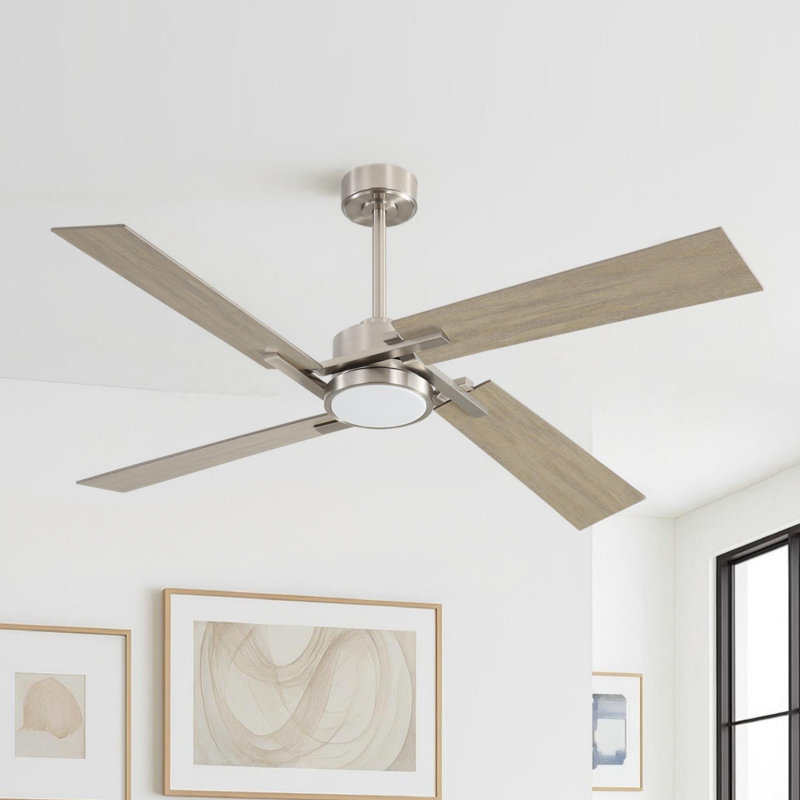 Ventilateur de plafond à 4 pales avec lumière DEL et télécommande Kyliegh, Bois brun foncé, 72 po de largeur, Nickel brossé
