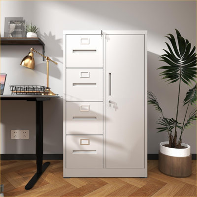 Armoires | Classeur verrouillable vertical en acier, 4 tiroirs, 1 porte de rangement pour le bureau scolaire, blanc neige | Moderne | Bureau