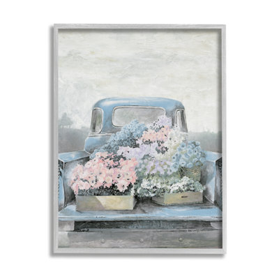 «Varied Floral Blossoms Vintage Countryside Pickup Truck», peinture sur toile à cadre flottant