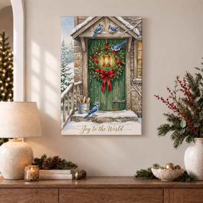 «Blue Jays on Green Snowy Cabin Door Christmas», art mural sur toile