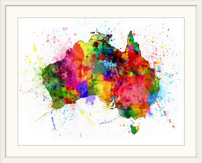 «Australie, peinture, éclaboussures de carte» par Francy, impression, Cadre noir, H 20 po x l 24 po x P 1 po