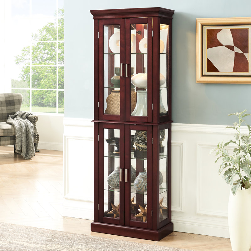 Vitrine 6 tablettes avec dossier en miroir et quincaillerie magnétique - Tablettes réglables en bois de cerisier, Cerisier