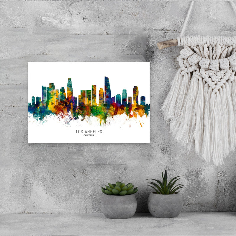 Los Angeles, aquarelle, horizon, architecture contemporaine, art mural, H 12 po x l 18 po
