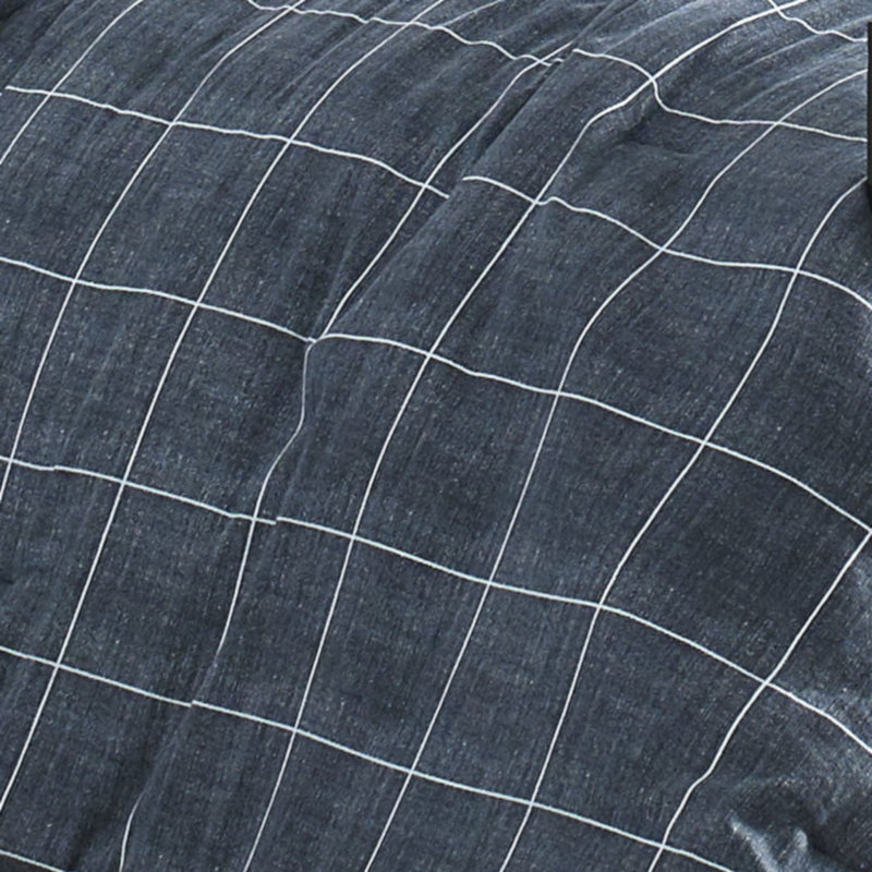Twin Blue Cotton Grid Duvet Cover Set with Sham