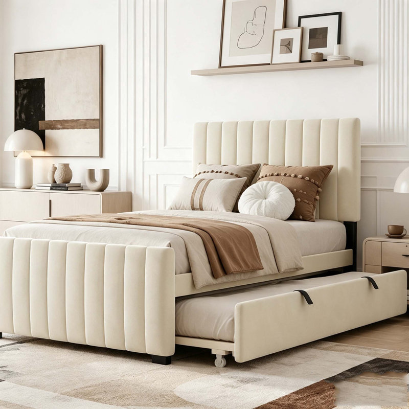 Lit plateforme tapissier en velours avec lit gigogne simple, Beige, Simple