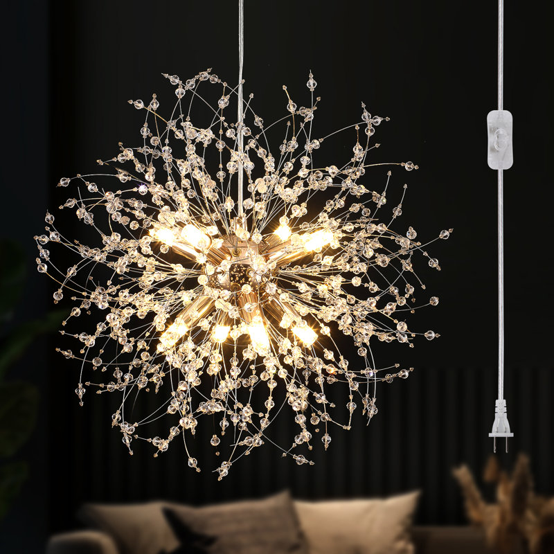 8-Light Gold Dandelion Firework Chandelier with Plug-In Cord & Switch, Dimmable, Ideal for Living Room, Dining & Entryway