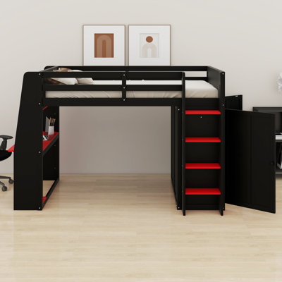 Space Saving Loft Bed Frame Featuring Built-in Desk, LED Lights, Storage Shelving & Double Door Wardrobe