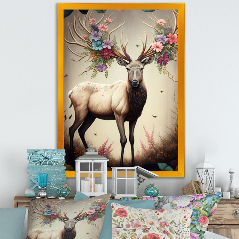 Caribou avec des bois en floraison - reproduction sur toile, H 40 po x l 30 po x P 1,5 po