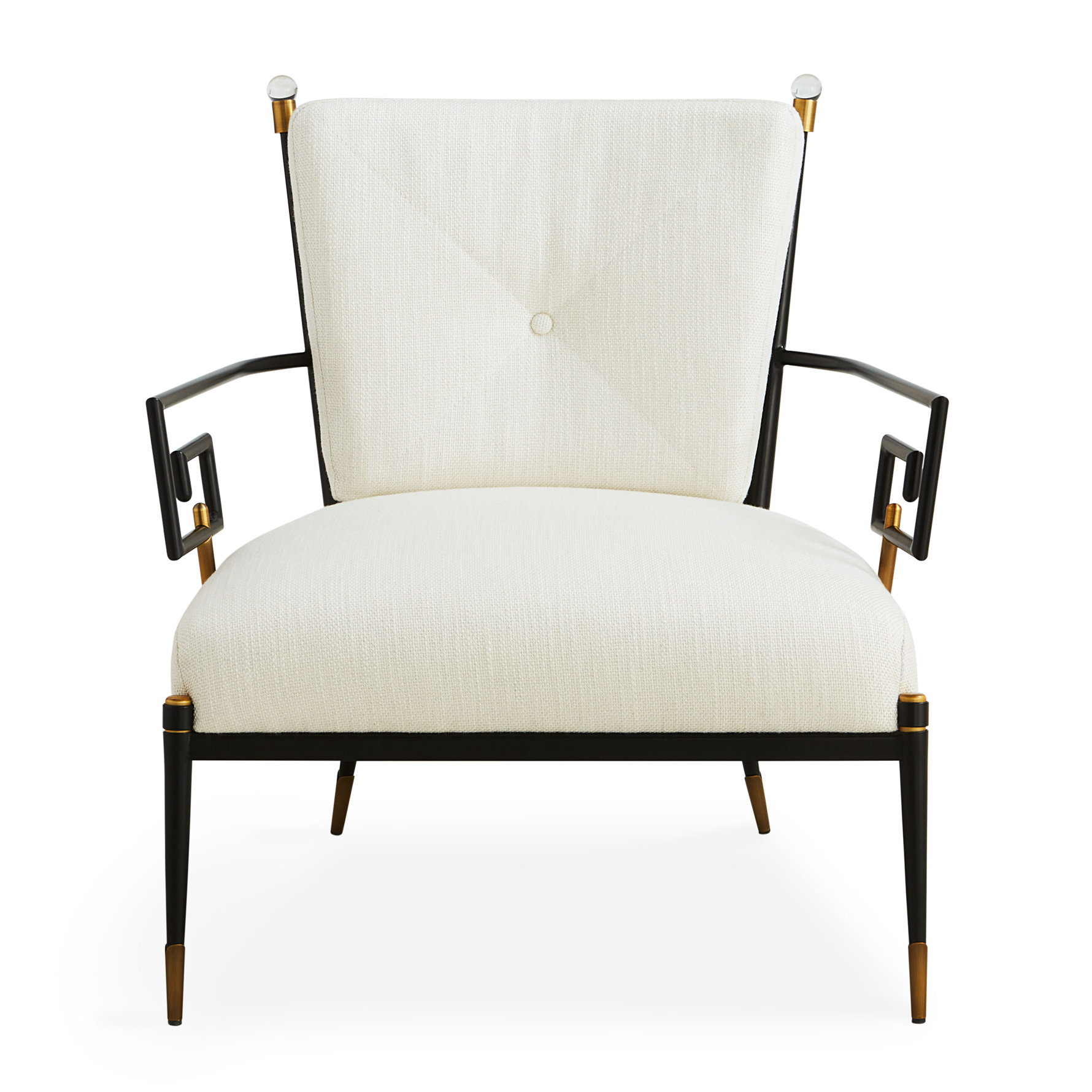 Upholstered armchair with black frame and gold accents.