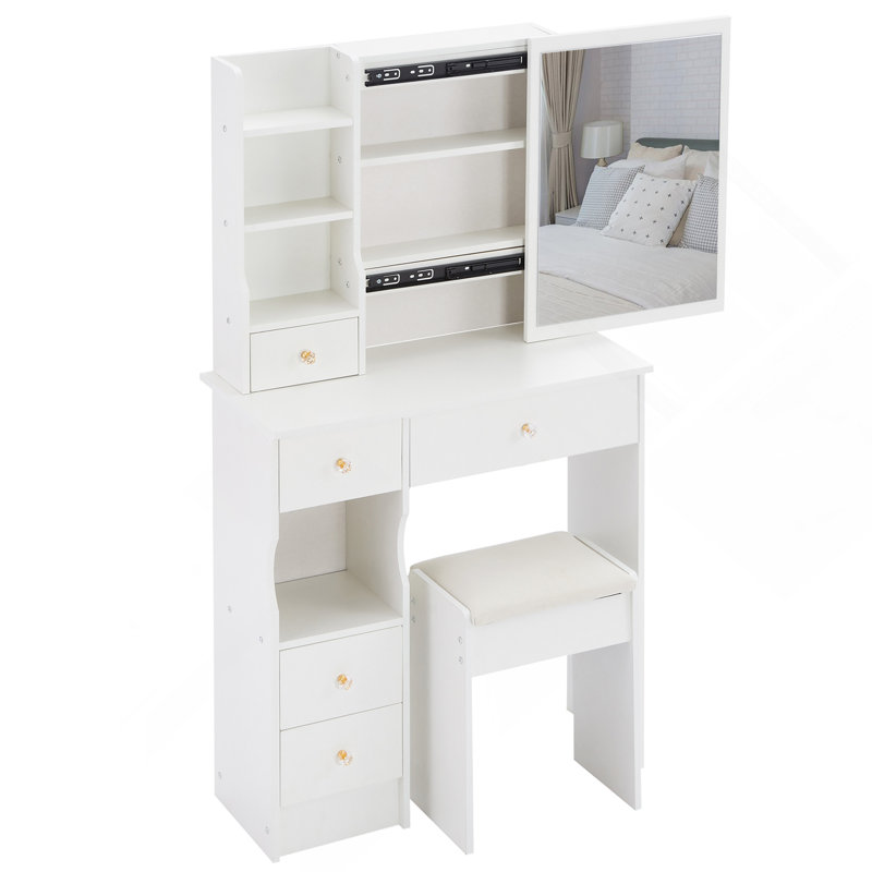 29.2" Small Space Left Drawer Desktop Vanity Table With Cushioned Stool,Multi-Layer High Capacity Storage,Practical Fashionable Dresser