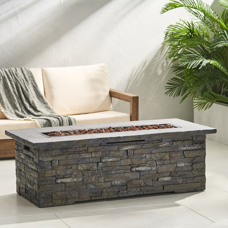 56" Outdoor 40,000 Fire Pit, Rectangular Concrete, Stone Pattern, Lightweight, No Assembly, 18.55 In. Height, 107.2 Lb Weight, 55.71 Depth Concrete Pit With , Rectangular, Assembly Required, 26.01