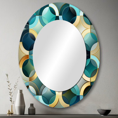 Teal And Golden Modern Geometric Tiles - Gold Oval Wall Mirror Decor