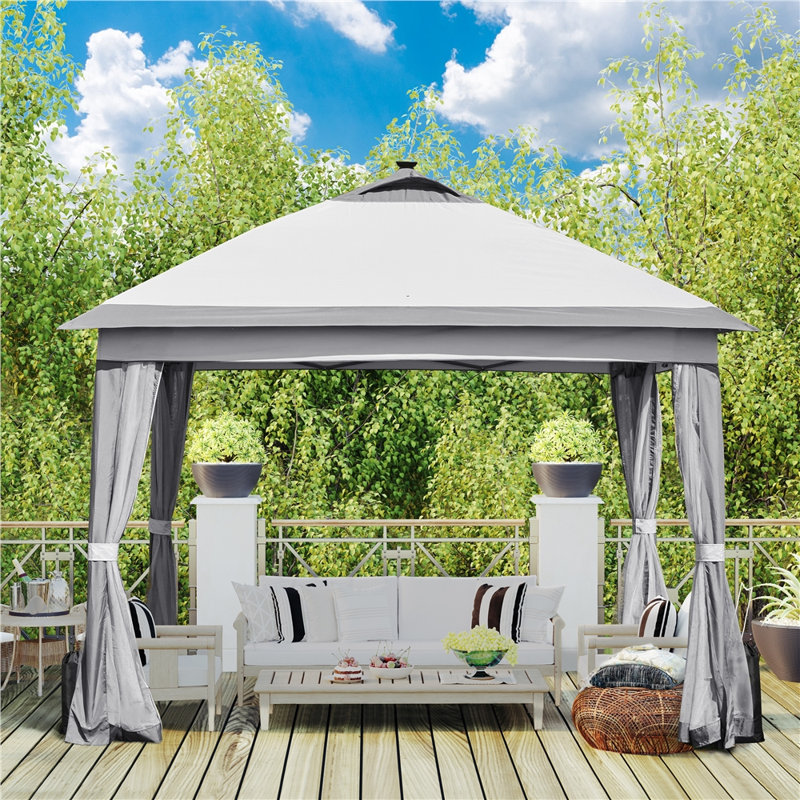 11 Ft. W x 11 Ft. D Iron Patio Gazebo with Solar LED Lights, Stainless Steel, Gray