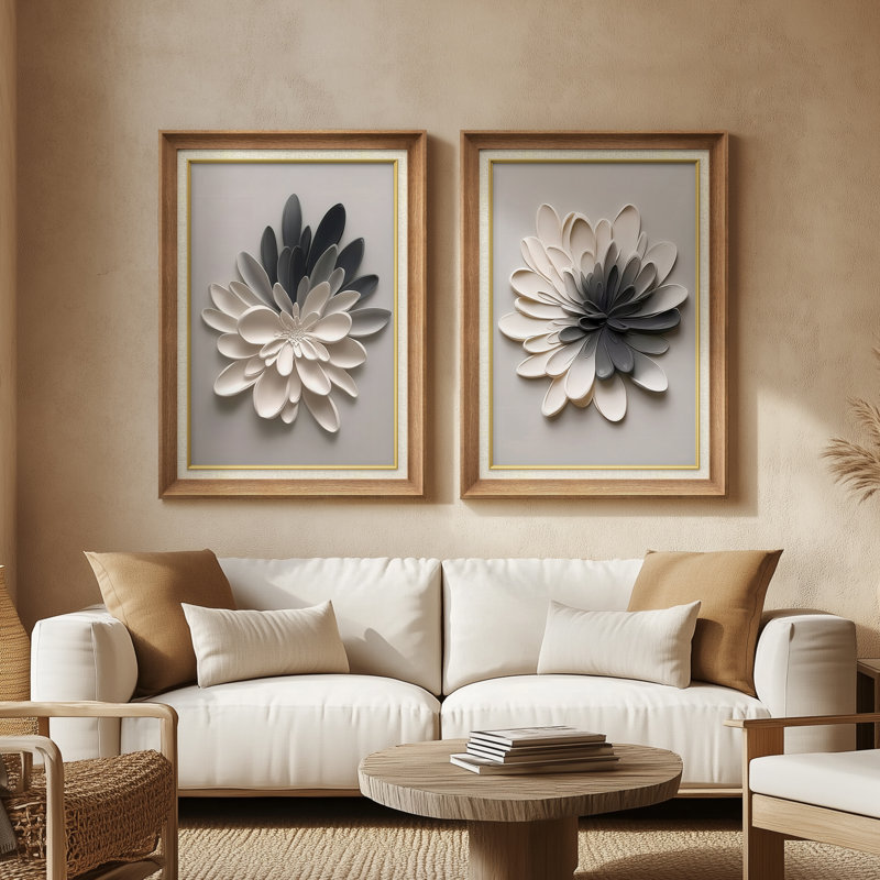 Modern 3D Floral Sculptural Art in Neutral Tones Contemporary Dimensional Wall Decor – Set of 2 Premium Framed Wall Art Print on Paper 26"x36"