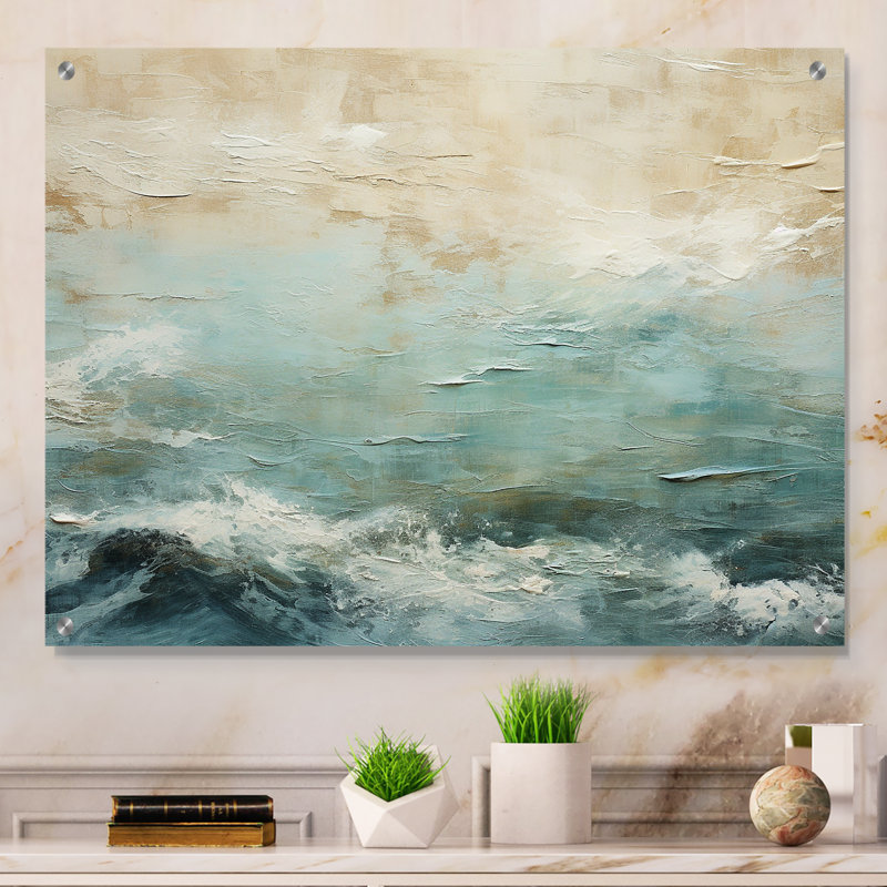 «Modern Coastal Beige and Blue River I», art mural acrylique océan côtier moderne, H 16 po x l 32 po