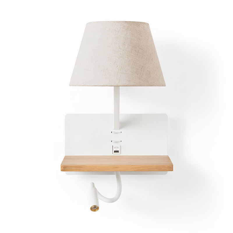 Artin Modern Reading Wall Light With Usb & Usb-c Ports, Adjustable Led Spotlight, Fabric Shade And Wood Shelf, White